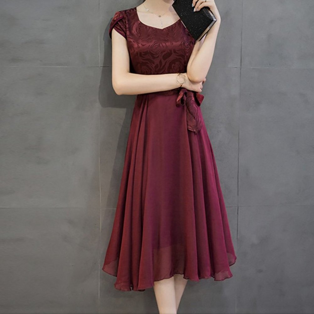 Red Chiffon Dress with Tiered Skirt
